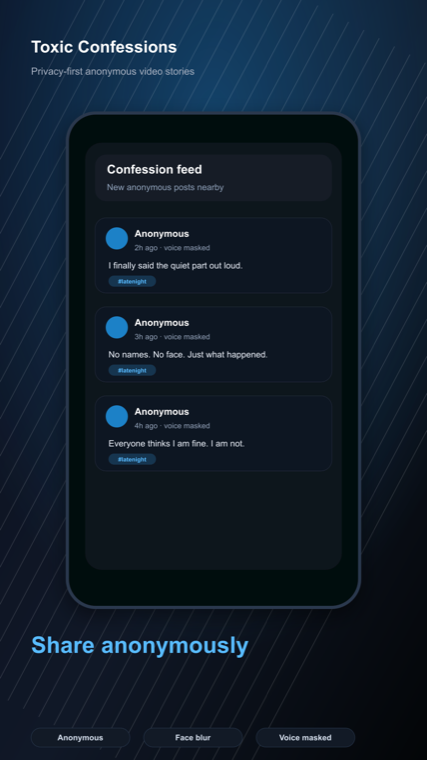 Toxic Confessions app showing the anonymous confession feed