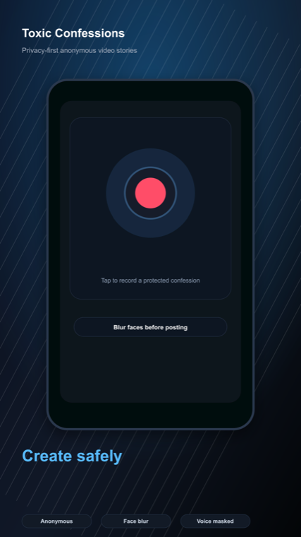 Recording screen with a protected confession: faces blurred before posting
